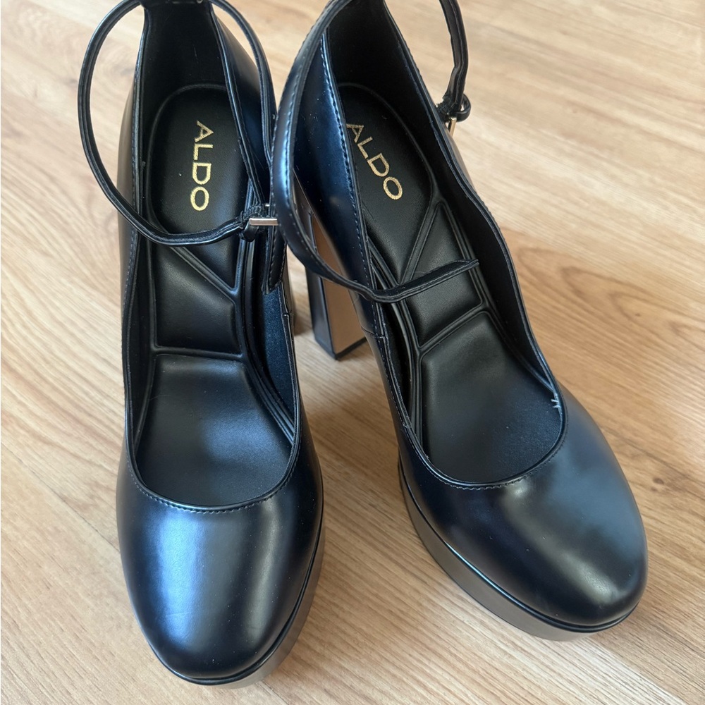 Aldo Black Heels with Ankle Strap and Rounded Toe